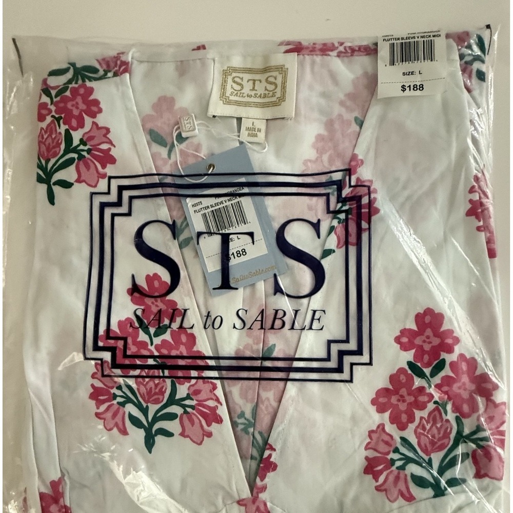 NWT Sail to Sable Pink White Floral Cotton Resort Maxi Dress Smocked Flutter L - Picture 5 of 5
